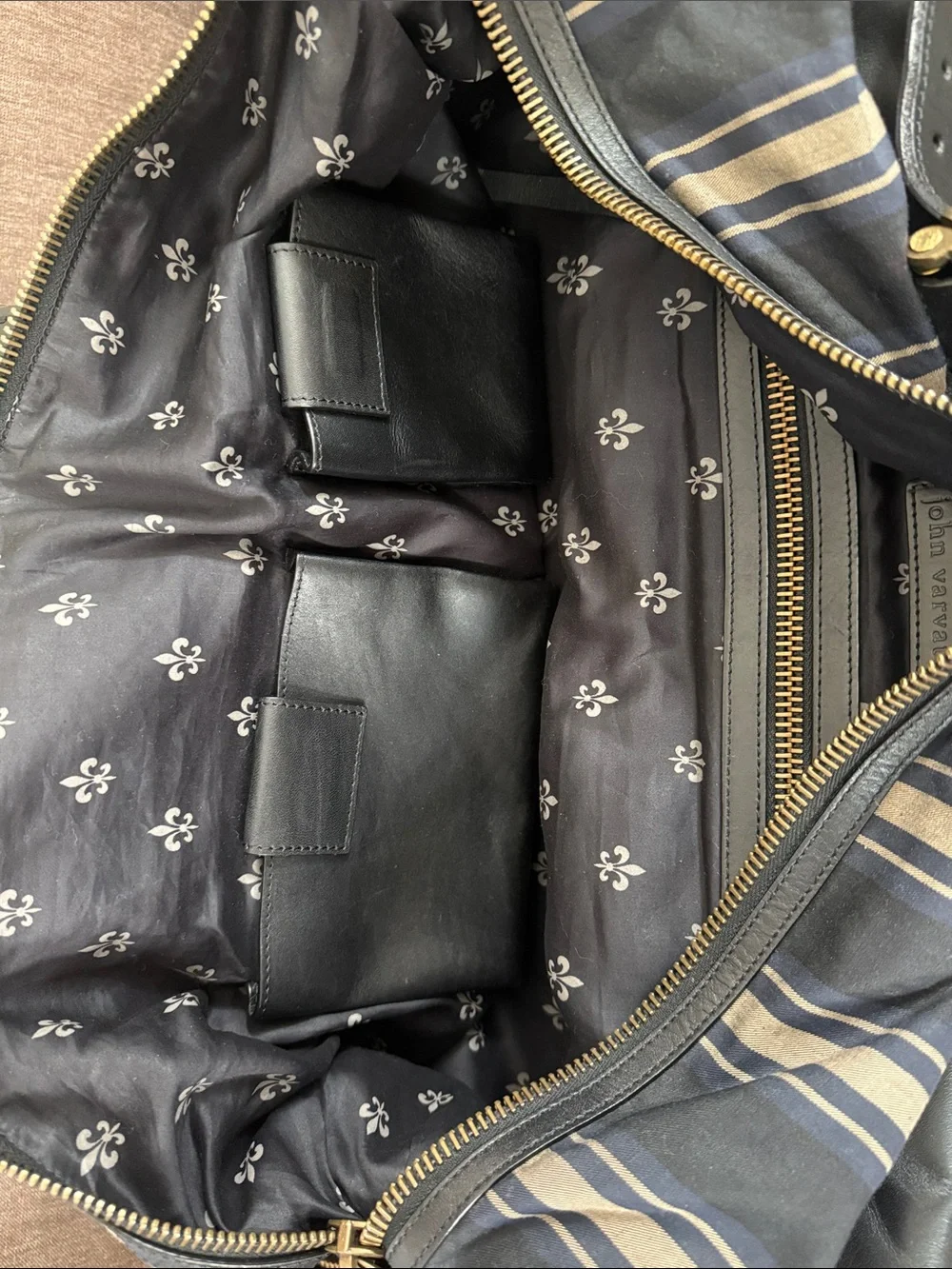 John Varvatos Navy and Tan Striped Leather-Trim Duffel